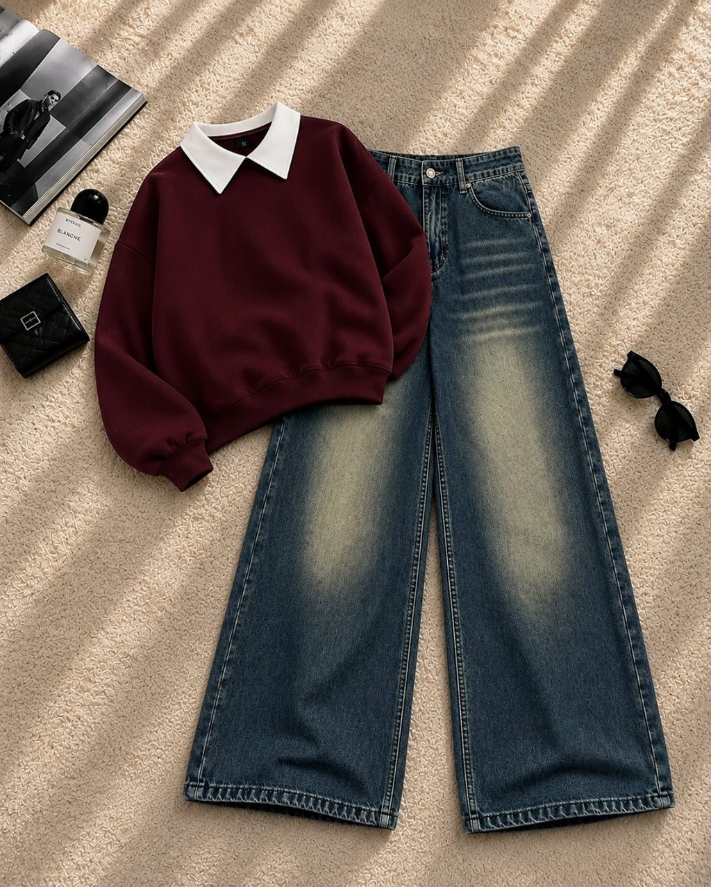 Collar Sweatshirt with Greenish Wide-Leg Jeans