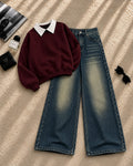 Collar Sweatshirt with Greenish Wide-Leg Jeans