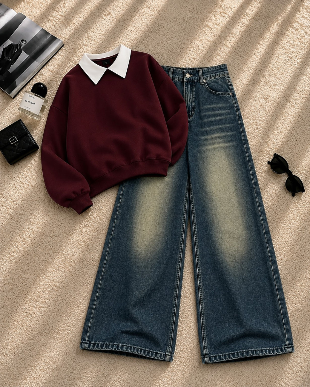 Collar Sweatshirt with Greenish Wide-Leg Jeans