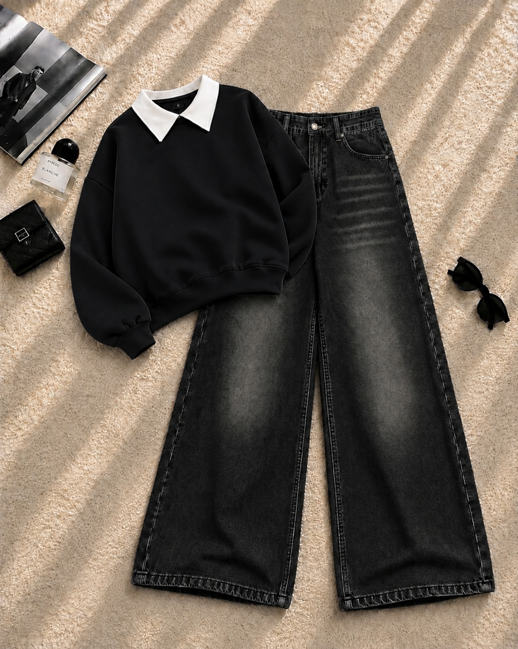 Collar Sweatshirt with Black Shaded Wide-Leg Jeans