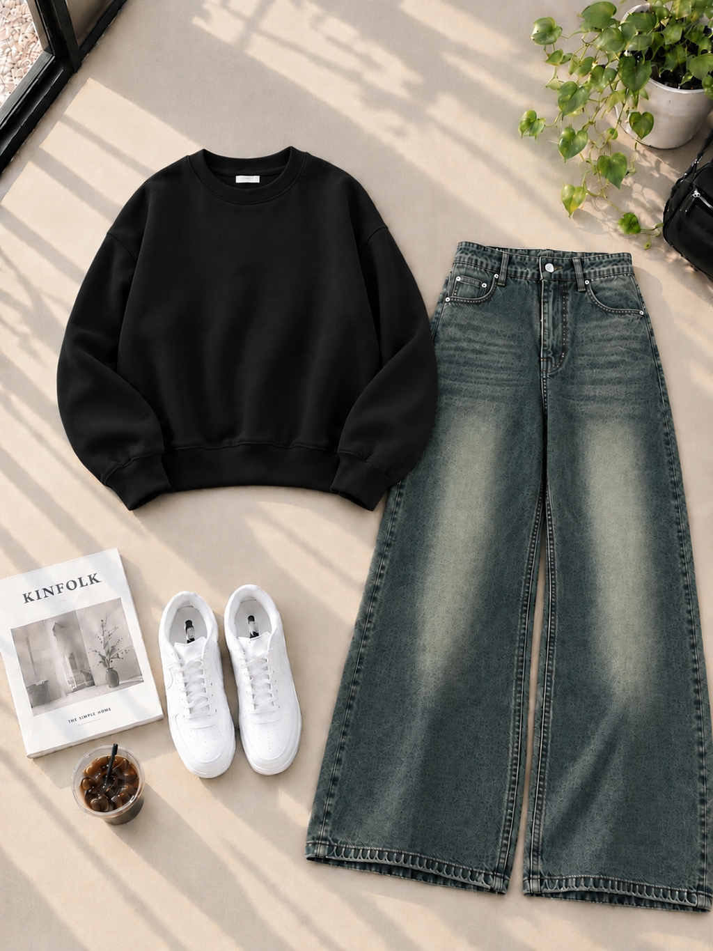 Sweatshirt With Greenish Shaded Wide Leg Jeans