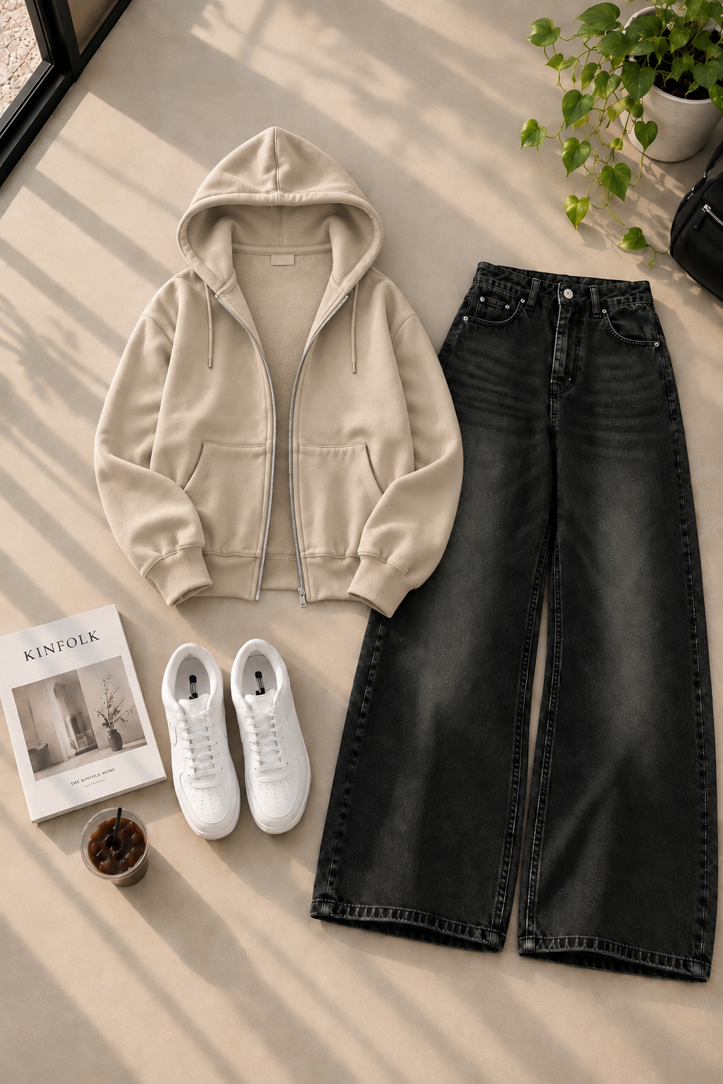Zipper Hoodie with Black Shaded Wide Leg Jeans
