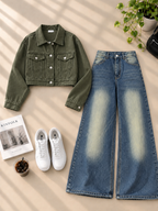Crop Denim Jacket with Greenish Blue Shaded Wide-Leg Jeans