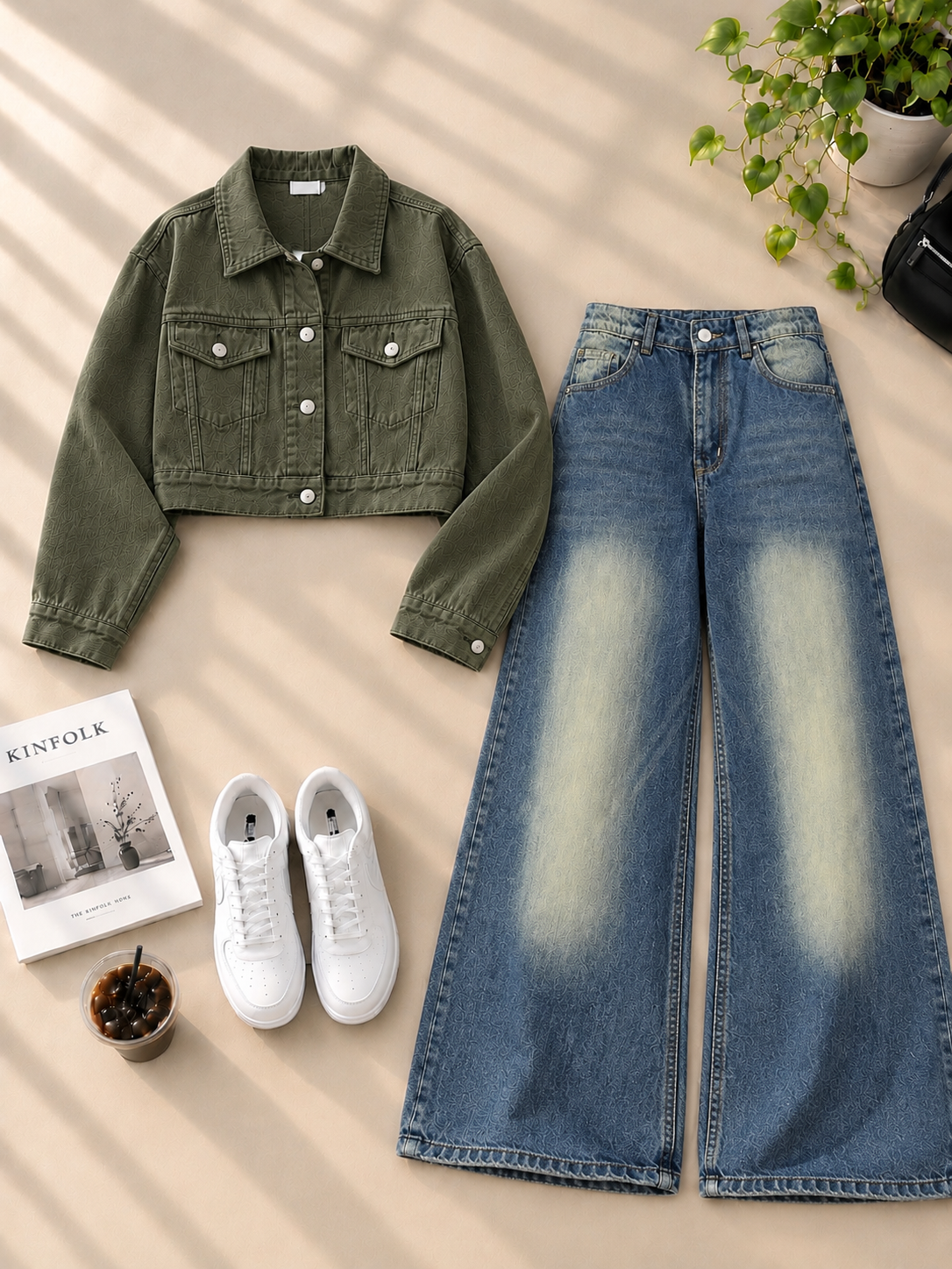 Crop Denim Jacket with Greenish Blue Shaded Wide-Leg Jeans