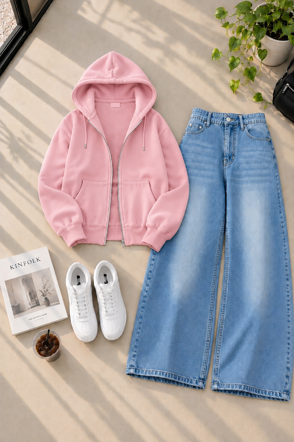 Zipper Hoodie with Ice Blue Shaded Wide Leg Jeans