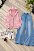 Zipper Hoodie with Ice Blue Shaded Wide Leg Jeans