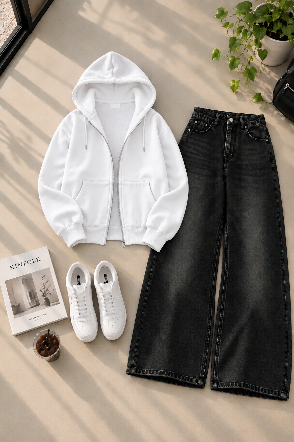 Zipper Hoodie with Black Shaded Wide Leg Jeans