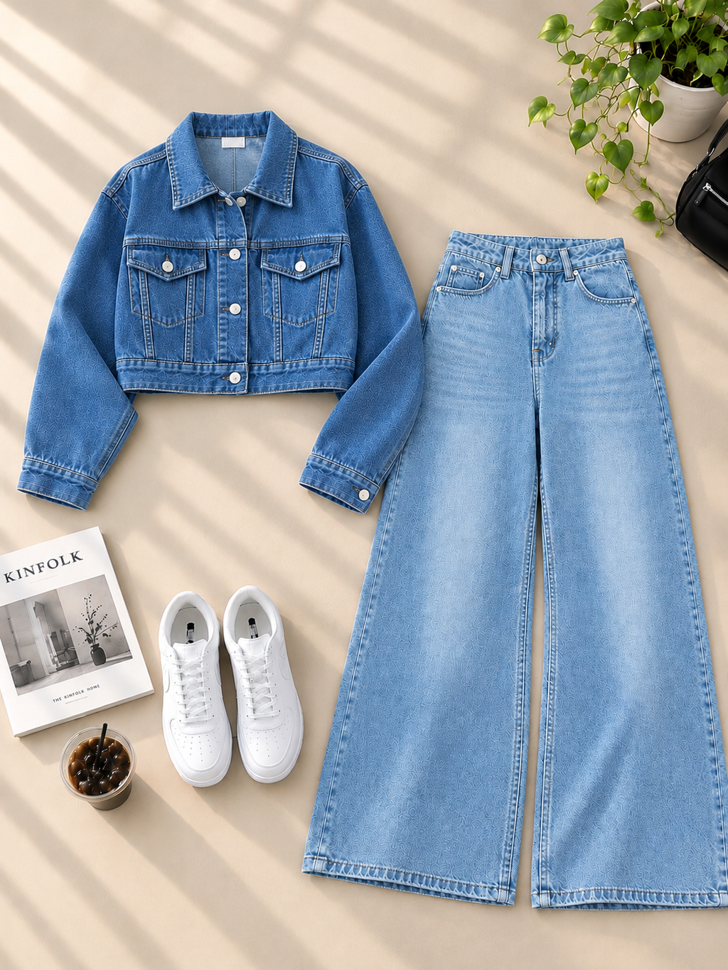 Crop Denim Jacket with Ice Blue Shaded Wide-Leg Jeans