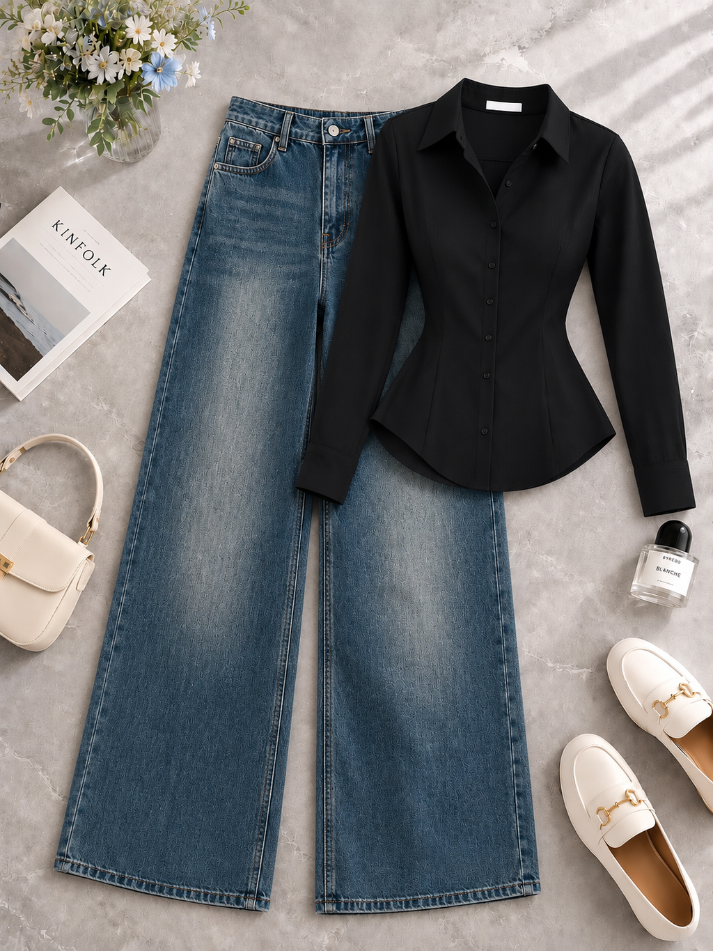 Corset Black Button Down Shirt & Shaded Greenish Blue Baggy Jeans