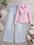 Corset Pink Lining Button Down Shirt & Shaded Ice-Blue Baggy Jeans