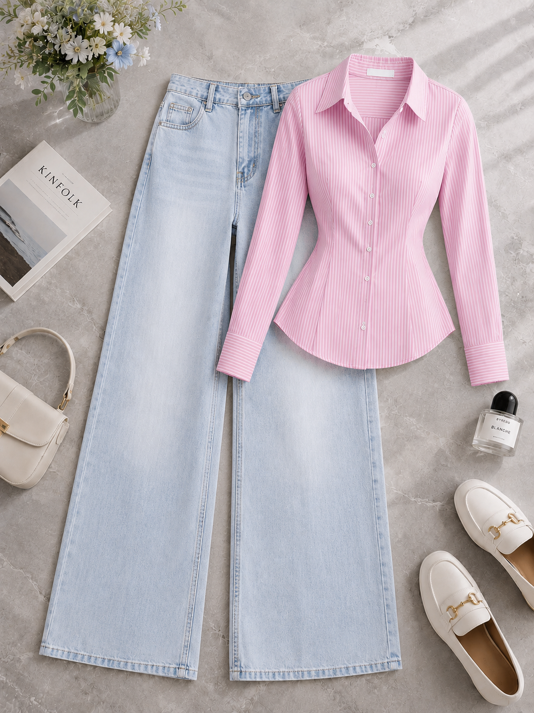 Corset Pink Lining Button Down Shirt & Shaded Ice-Blue Baggy Jeans