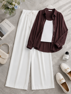Brown Button Down Shirt With White Inner & White Flapper Trouser
