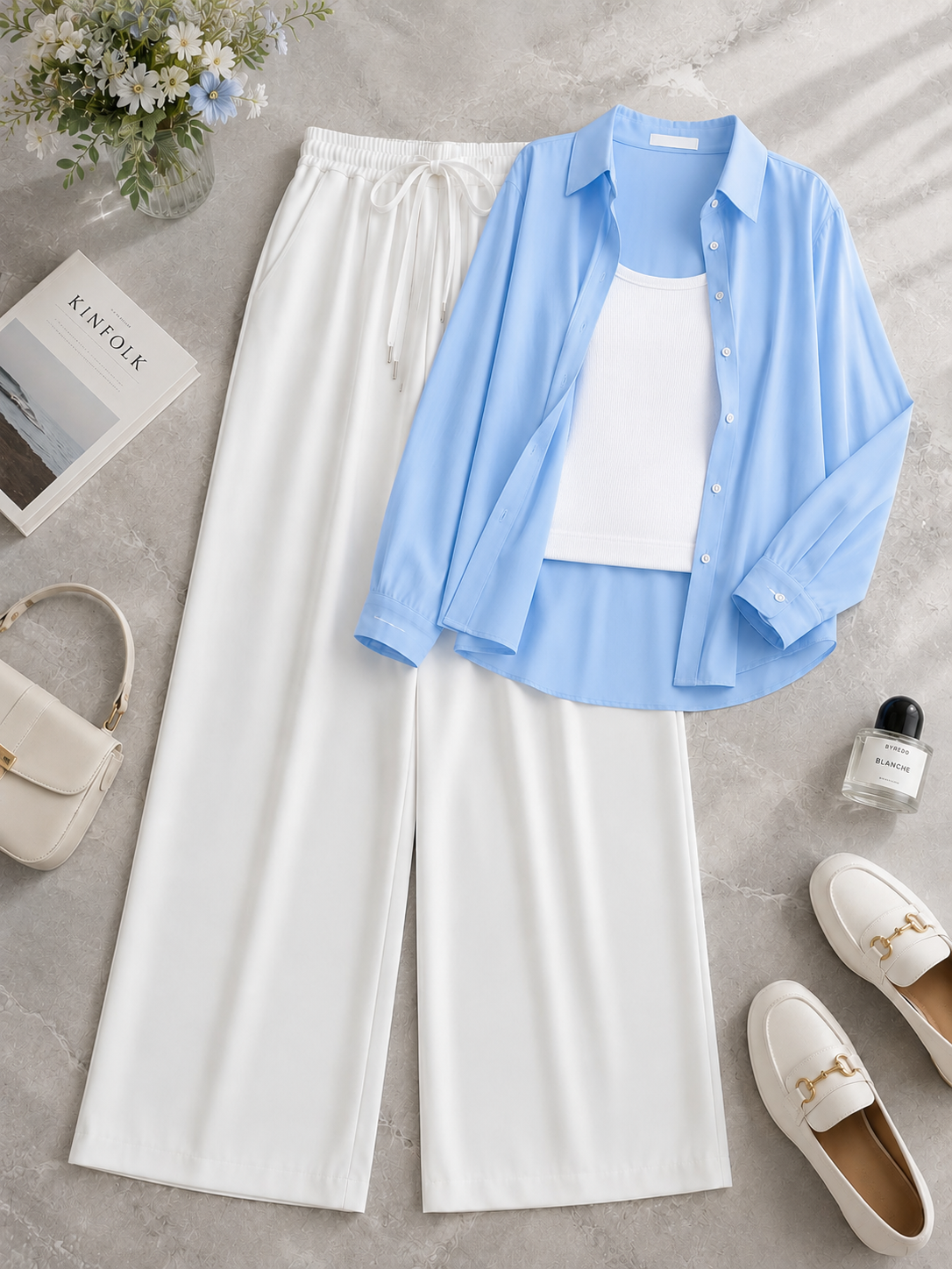 Sky-Blue Button Down Shirt With White Inner & White Flapper Trouser